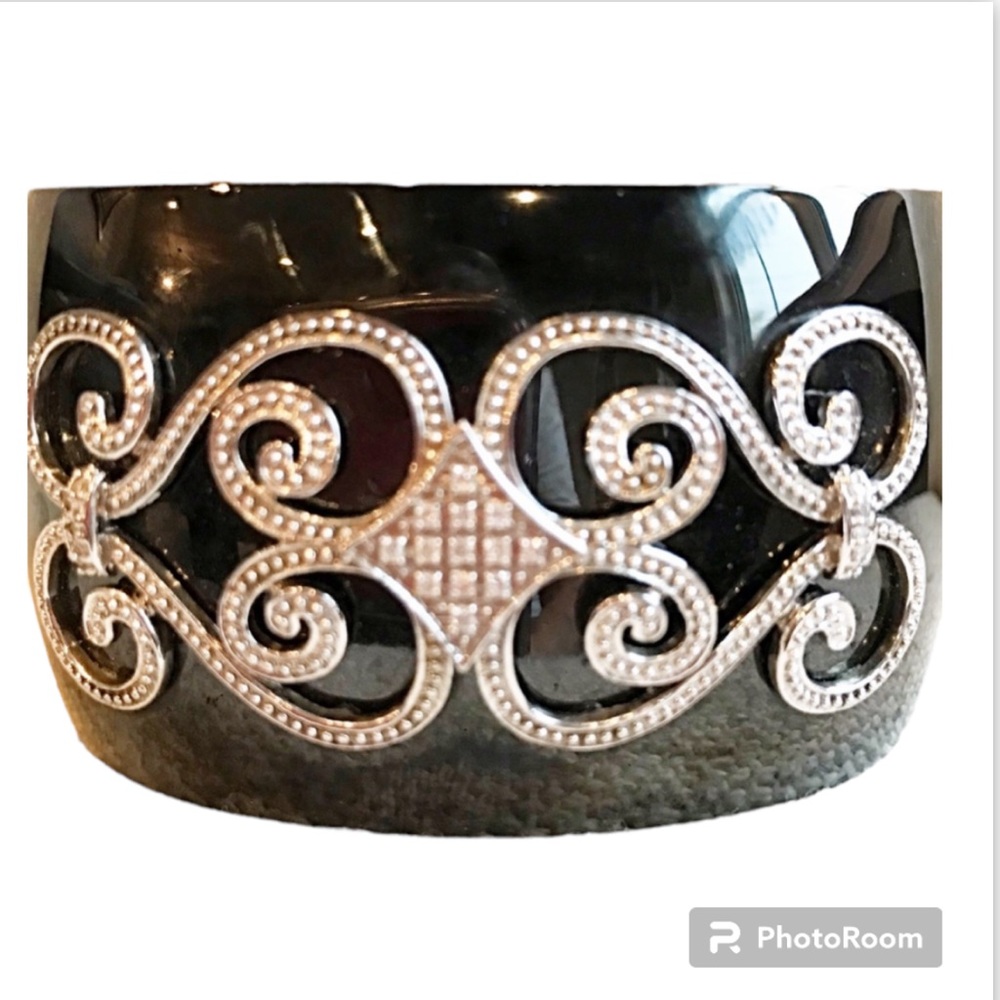 Stainless Steel Black Cuff Bracelet with Silver Accents